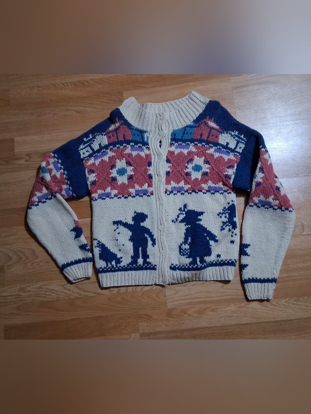 Woolrich Cream, Navy & Rust Zip-Up Patterned Men's Sweater